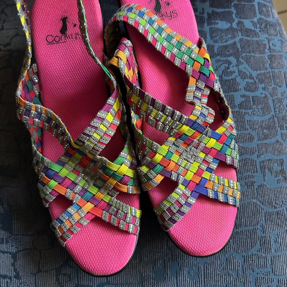 CORKY's multiple bright color Sling wedge, size 9 M
